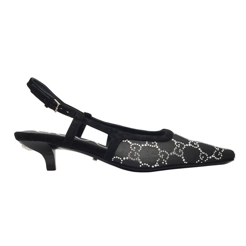 GUCCI GUCCI GG CRYSTAL EMBELLISHED MESH BLACK SLINGBACK KITTEN HEELS