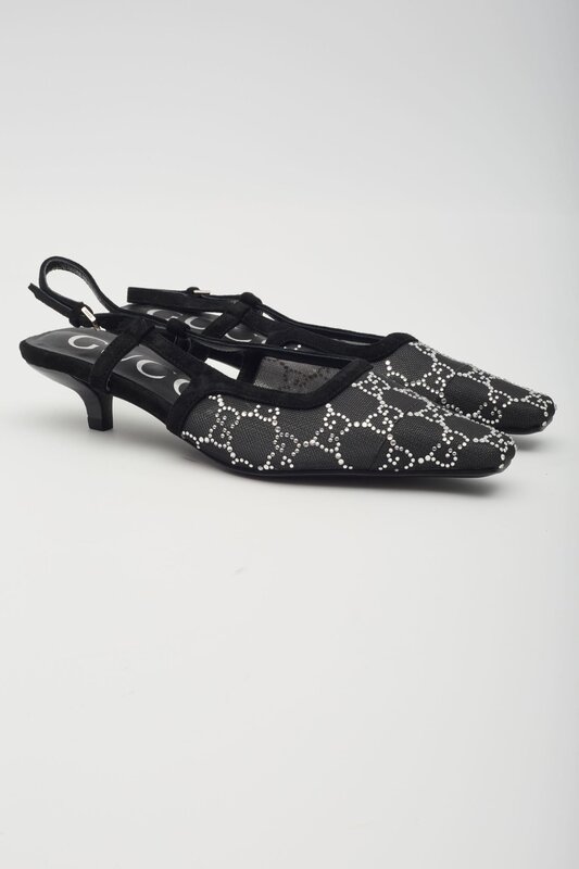 GUCCI GUCCI GG CRYSTAL EMBELLISHED MESH BLACK SLINGBACK KITTEN HEELS