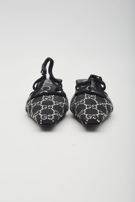 GUCCI GUCCI GG CRYSTAL EMBELLISHED MESH BLACK SLINGBACK KITTEN HEELS