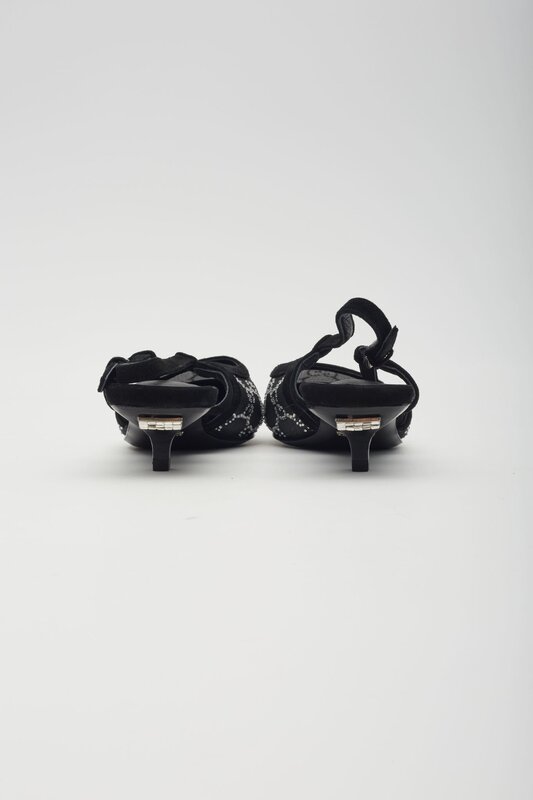 GUCCI GUCCI GG CRYSTAL EMBELLISHED MESH BLACK SLINGBACK KITTEN HEELS