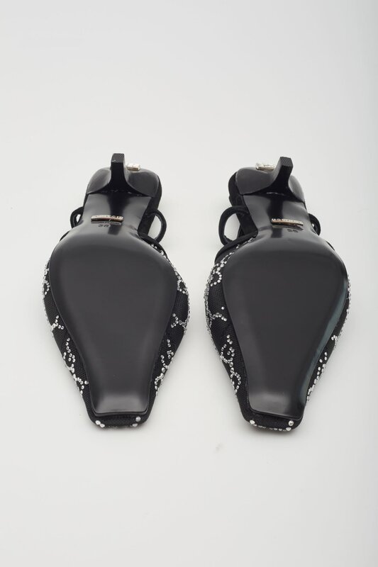 GUCCI GUCCI GG CRYSTAL EMBELLISHED MESH BLACK SLINGBACK KITTEN HEELS