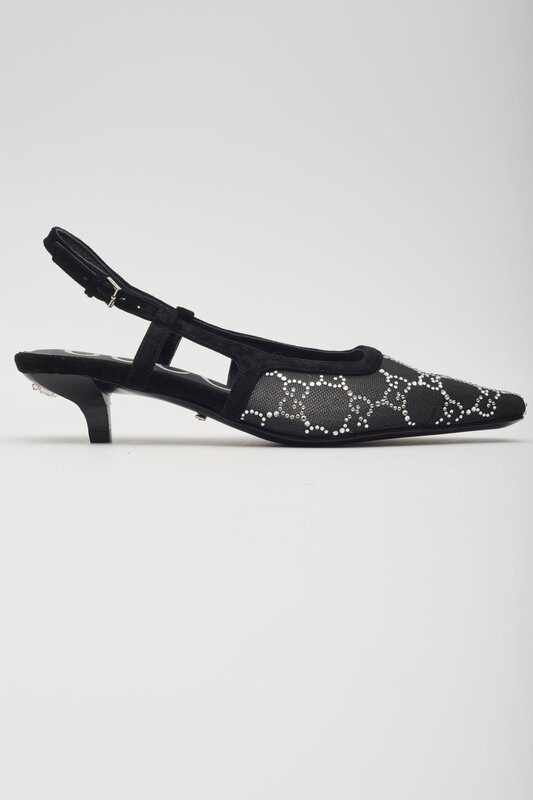 GUCCI GUCCI GG CRYSTAL EMBELLISHED MESH BLACK SLINGBACK KITTEN HEELS