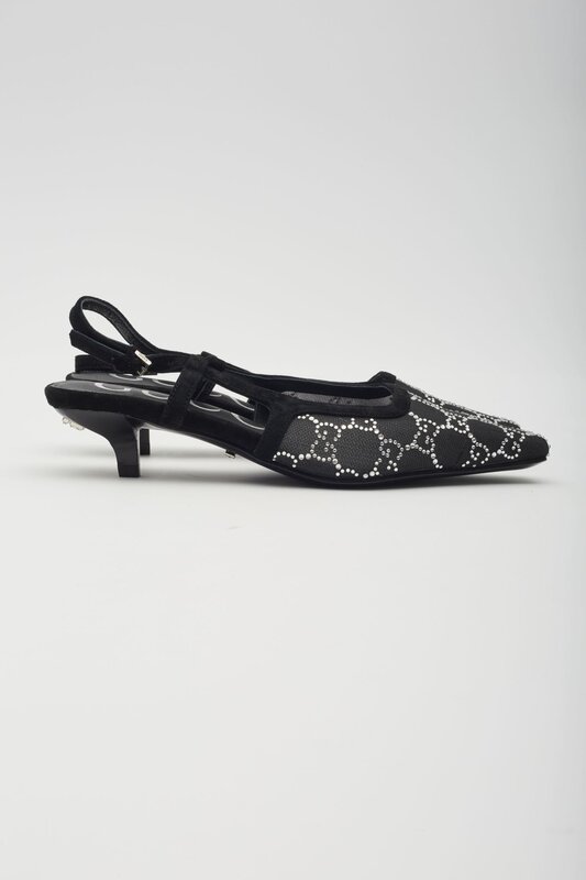 GUCCI GUCCI GG CRYSTAL EMBELLISHED MESH BLACK SLINGBACK KITTEN HEELS