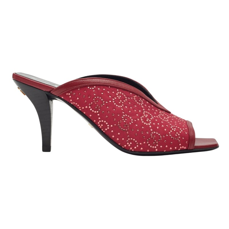 GUCCI GG CRYSTAL EMBELLISHED CHERRY FABRIC SANDAL HEELS