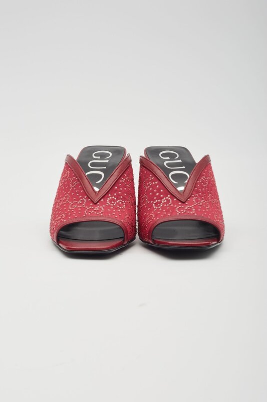 GUCCI GG CRYSTAL EMBELLISHED CHERRY FABRIC SANDAL HEELS