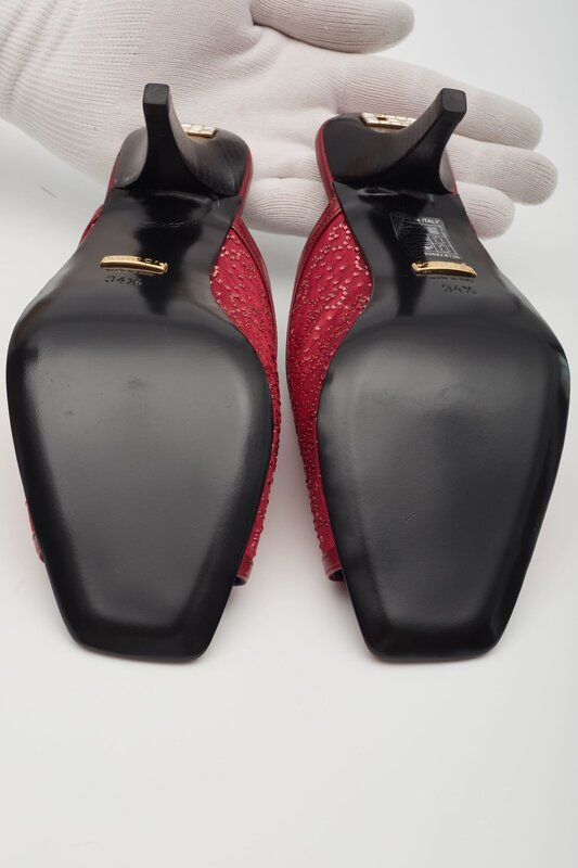 GUCCI GG CRYSTAL EMBELLISHED CHERRY FABRIC SANDAL HEELS