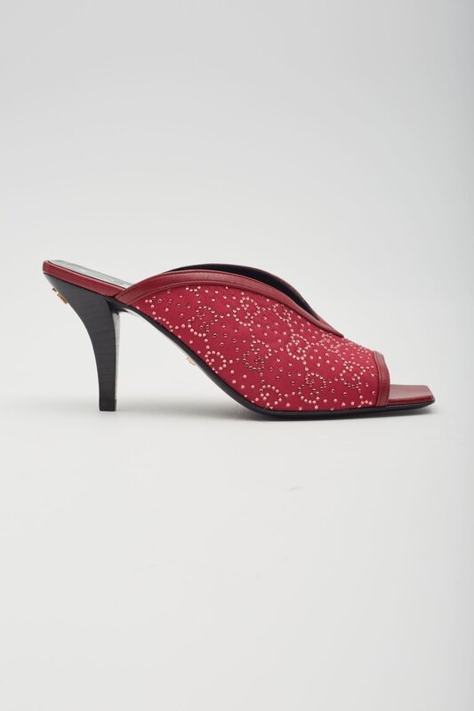 GUCCI GG CRYSTAL EMBELLISHED CHERRY FABRIC SANDAL HEELS