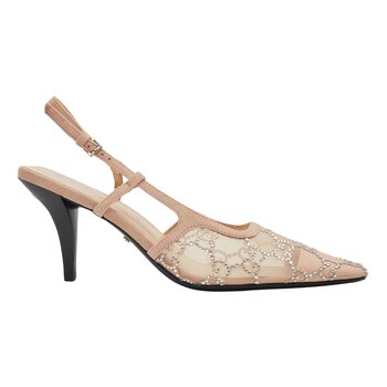 GUCCI GUCCI GG CRYSTAL EMBELLISHED MESH BEIGE SLINGBACK HEELS