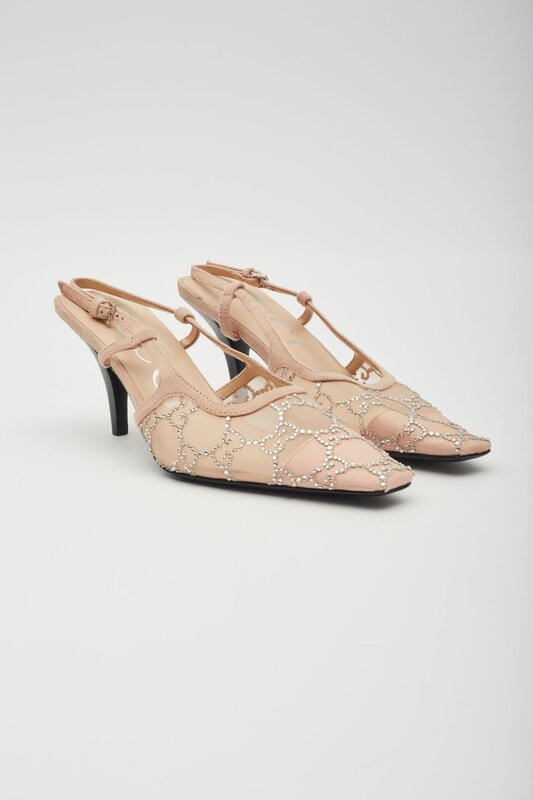 GUCCI GUCCI GG CRYSTAL EMBELLISHED MESH BEIGE SLINGBACK HEELS