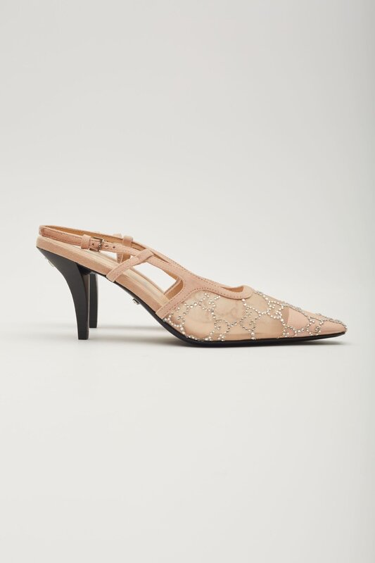 GUCCI GUCCI GG CRYSTAL EMBELLISHED MESH BEIGE SLINGBACK HEELS