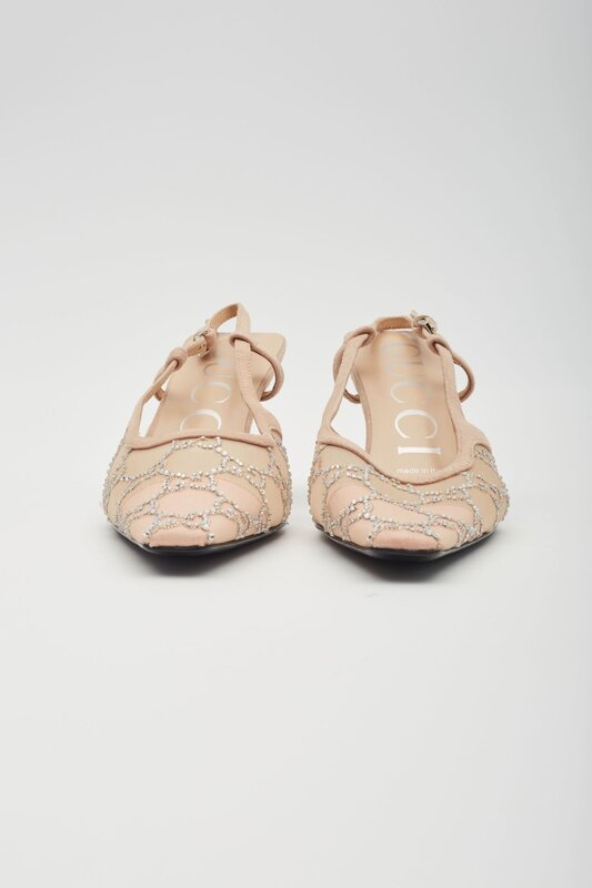 GUCCI GUCCI GG CRYSTAL EMBELLISHED MESH BEIGE SLINGBACK HEELS