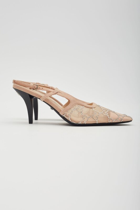 GUCCI GUCCI GG CRYSTAL EMBELLISHED MESH BEIGE SLINGBACK HEELS