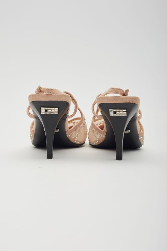 GUCCI GUCCI GG CRYSTAL EMBELLISHED MESH BEIGE SLINGBACK HEELS