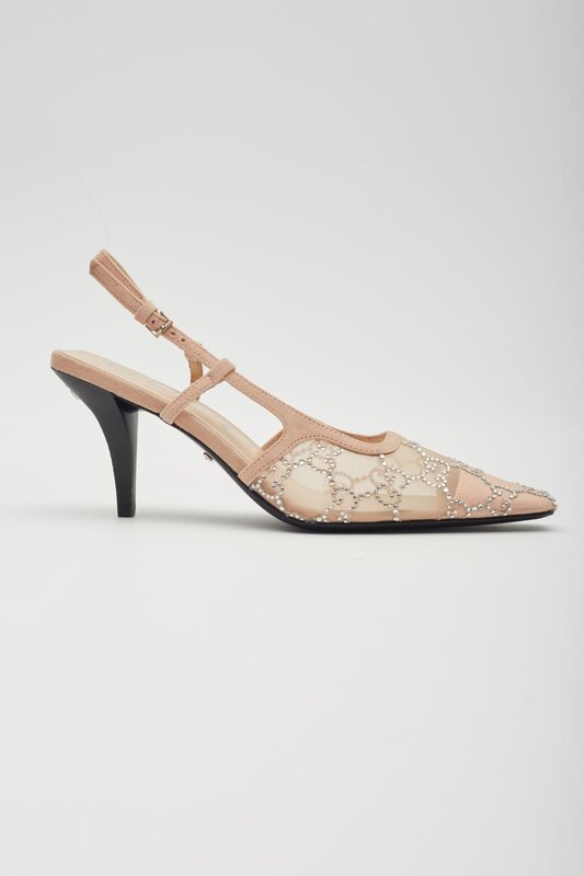 GUCCI GUCCI GG CRYSTAL EMBELLISHED MESH BEIGE SLINGBACK HEELS