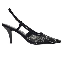 GUCCI GUCCI GG CRYSTAL EMBELLISHED MESH BLACK SLINGBACK HEELS