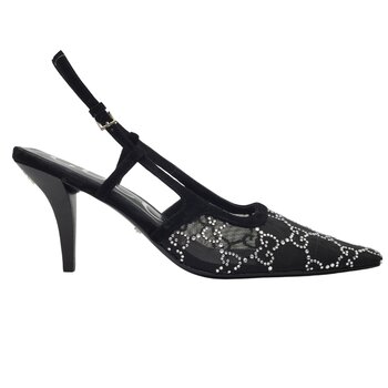 GUCCI GUCCI GG CRYSTAL EMBELLISHED MESH BLACK SLINGBACK HEELS