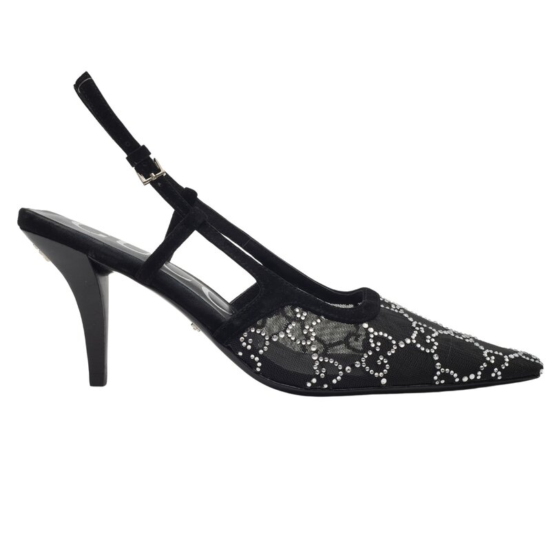 GUCCI GUCCI GG CRYSTAL EMBELLISHED MESH BLACK SLINGBACK HEELS