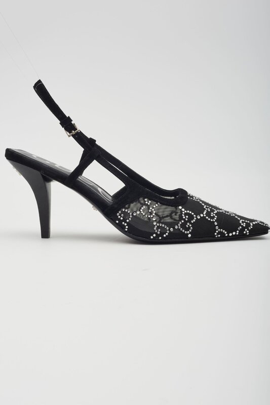 GUCCI GUCCI GG CRYSTAL EMBELLISHED MESH BLACK SLINGBACK HEELS