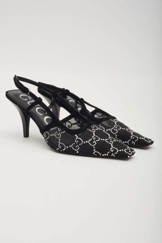 GUCCI GG CRYSTAL EMBELLISHED MESH BLACK SLINGBACK HEELS