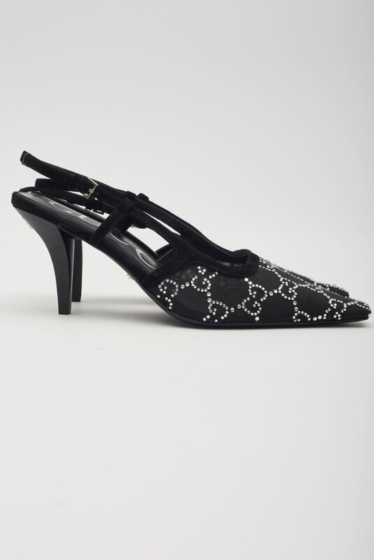 GUCCI GUCCI GG CRYSTAL EMBELLISHED MESH BLACK SLINGBACK HEELS