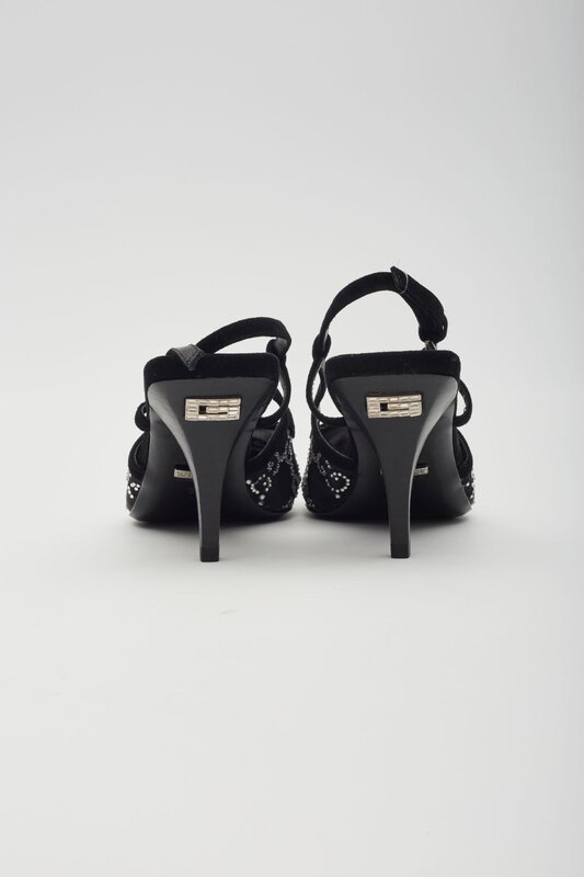 GUCCI GUCCI GG CRYSTAL EMBELLISHED MESH BLACK SLINGBACK HEELS