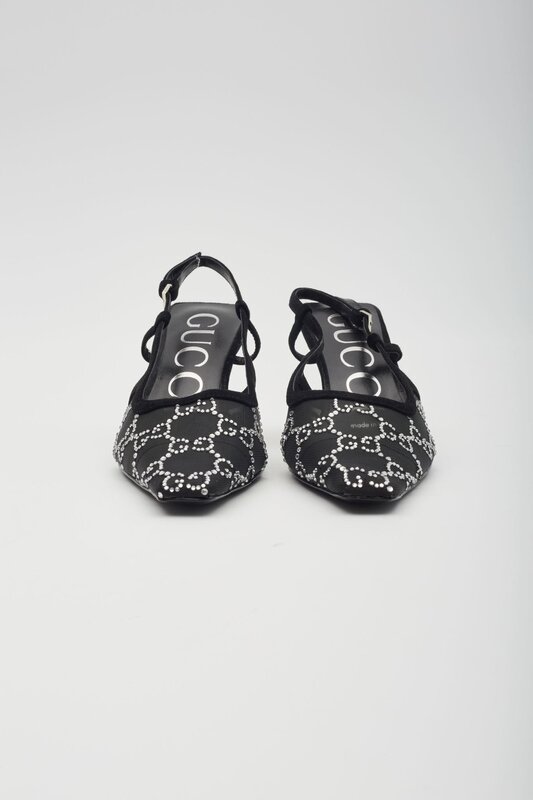 GUCCI GUCCI GG CRYSTAL EMBELLISHED MESH BLACK SLINGBACK HEELS
