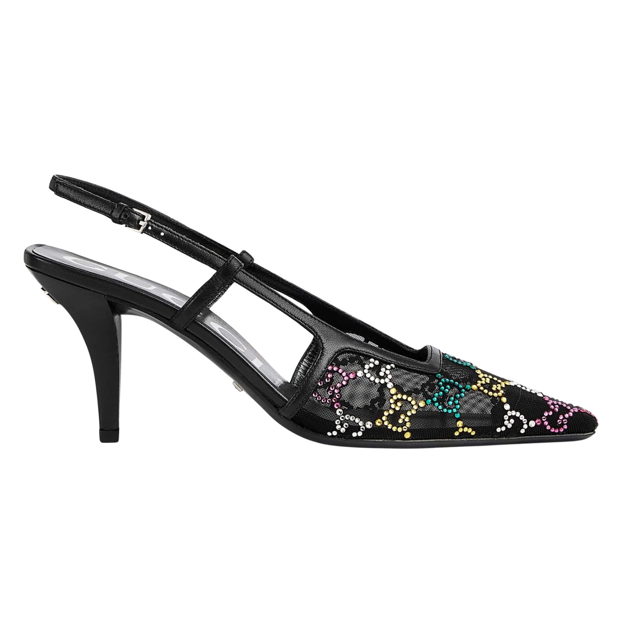 GUCCI GG CRYSTAL EMBELLISHED MESH BLACK SLINGBACK HEELS (EU 39)