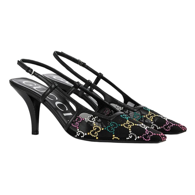 GUCCI GG CRYSTAL EMBELLISHED MESH BLACK SLINGBACK HEELS (EU 39)