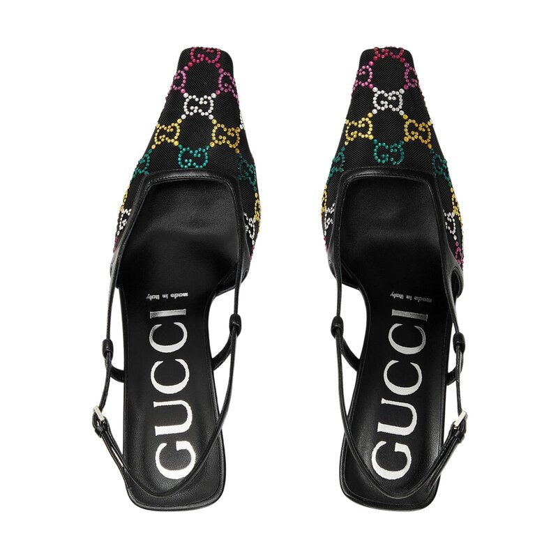 GUCCI GG CRYSTAL EMBELLISHED MESH BLACK SLINGBACK HEELS (EU 39)