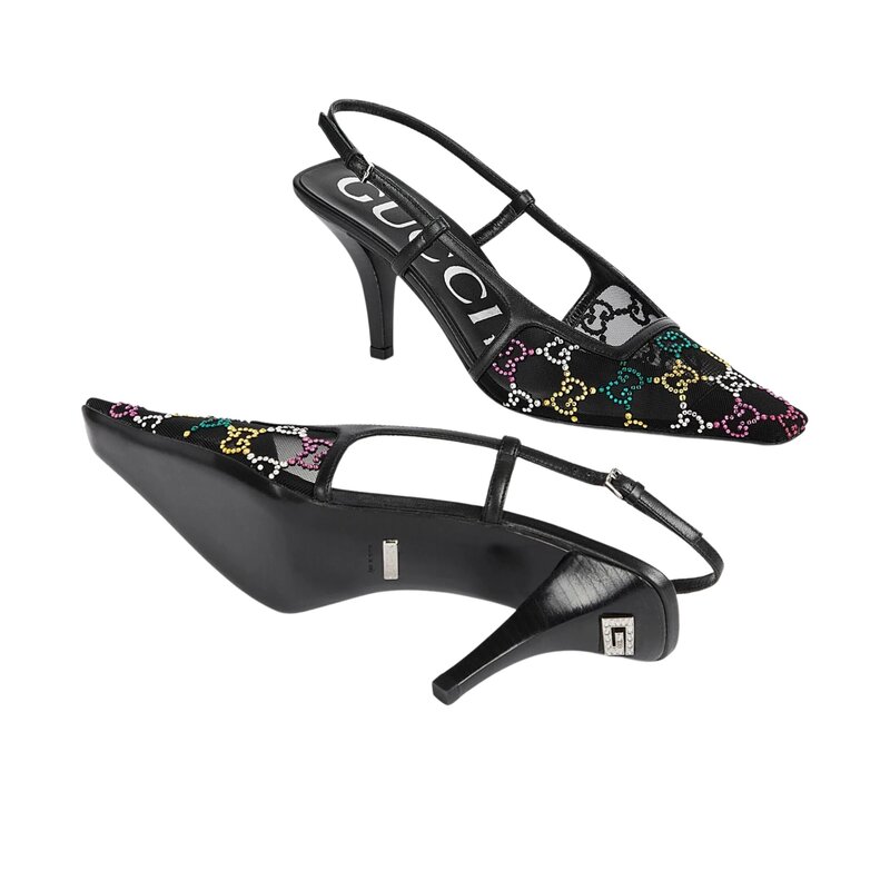 GUCCI GG CRYSTAL EMBELLISHED MESH BLACK SLINGBACK HEELS (EU 39)