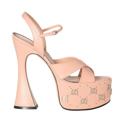 GUCCI GUCCI GG STUD CRYSTAL MALAGA PLATFORM SANDALS HEELS PINK