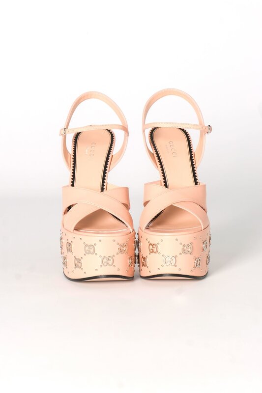 GUCCI GG STUD CRYSTAL MALAGA PLATFORM SANDALS HEELS PINK