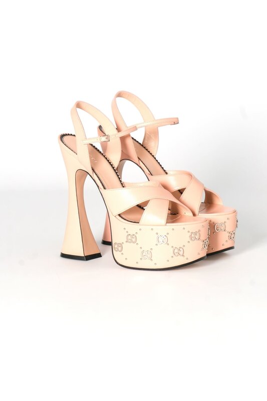 GUCCI GUCCI GG STUD CRYSTAL MALAGA PLATFORM SANDALS HEELS PINK
