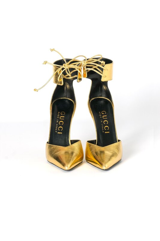 GUCCI KIND GOLD METALLIC LEATHER PRISCILLA HEELS