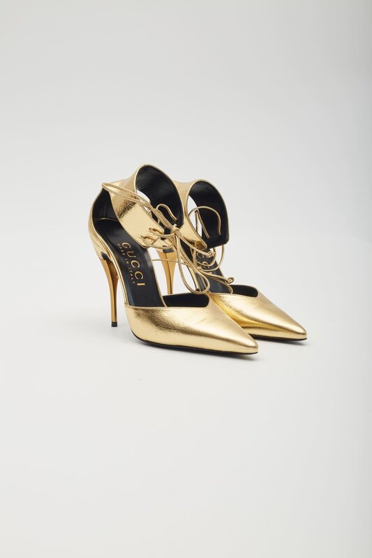 GUCCI KIND GOLD METALLIC LEATHER PRISCILLA HEELS