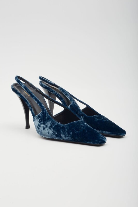 SAINT LAURENT VELVET TOM DREAM SLINGBACK HEELS BLUE