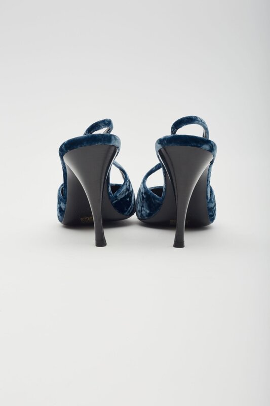 SAINT LAURENT VELVET TOM DREAM SLINGBACK HEELS BLUE