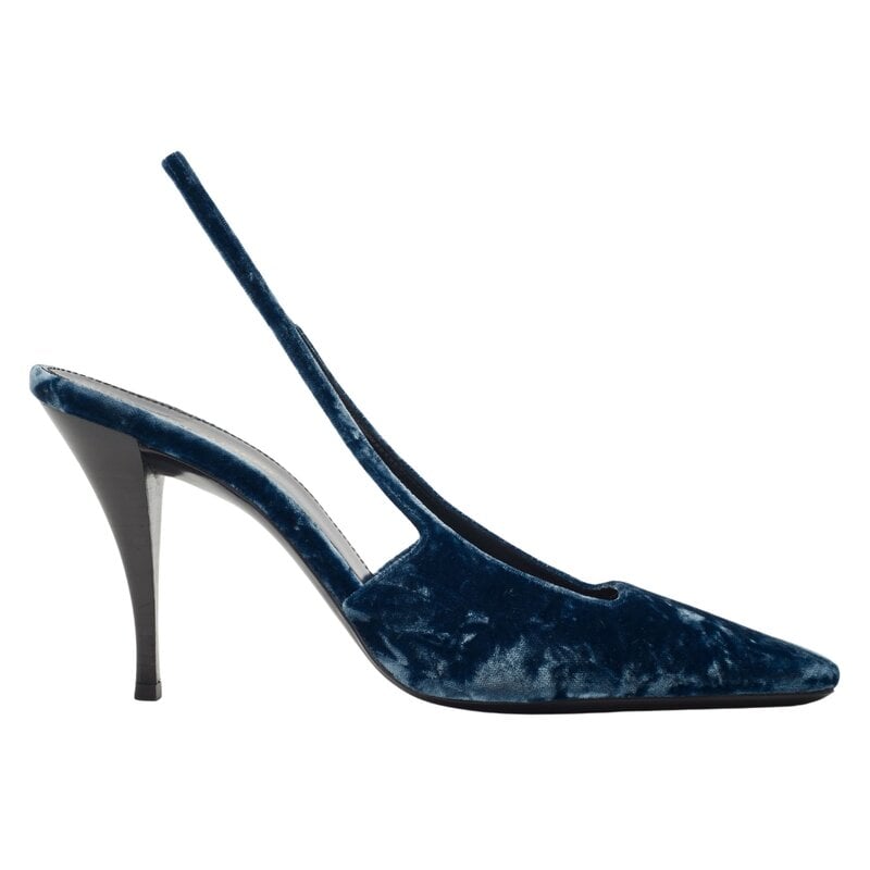 SAINT LAURENT VELVET TOM DREAM SLINGBACK HEELS BLUE