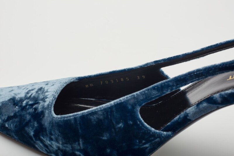 SAINT LAURENT VELVET TOM DREAM SLINGBACK HEELS BLUE