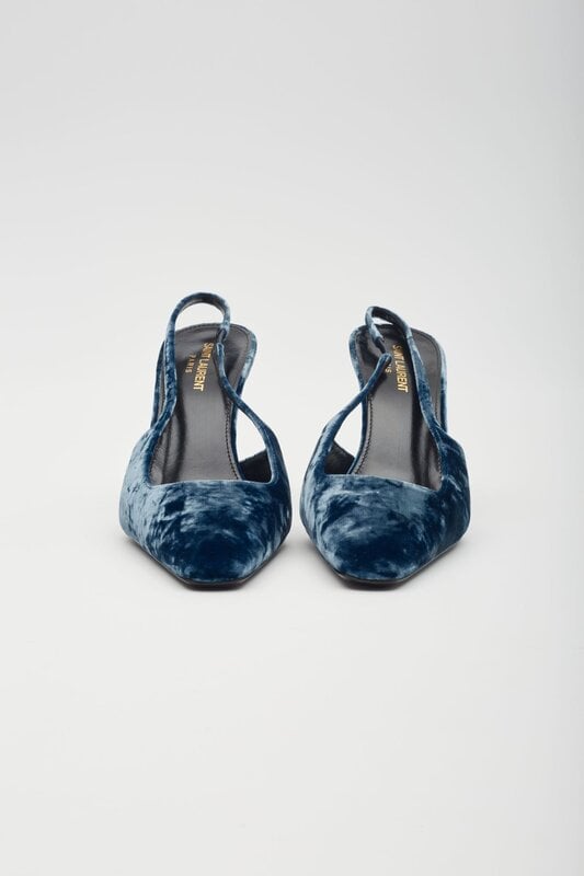 SAINT LAURENT VELVET TOM DREAM SLINGBACK HEELS BLUE