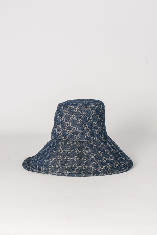 GUCCI CALIFORNIA DENIM BLUE MONOGRAM BUCKET HAT L