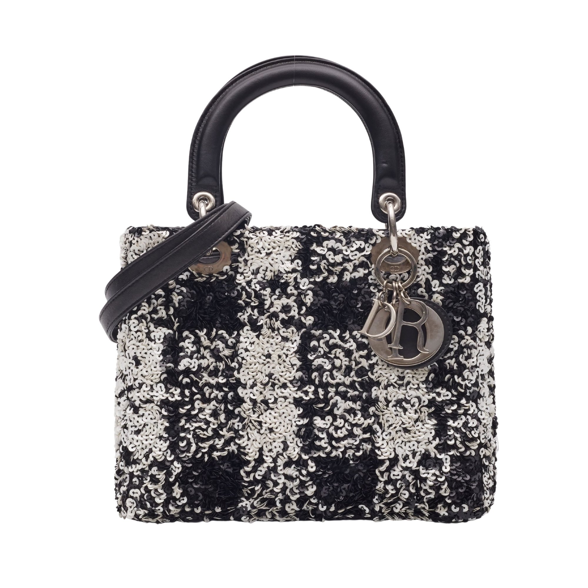 CHRISTIAN DIOR DIOR LAMBSKIN BLACK WHITE SEQUIN EMBELLISHED LADY DIOR HANDBAG MEDIUM