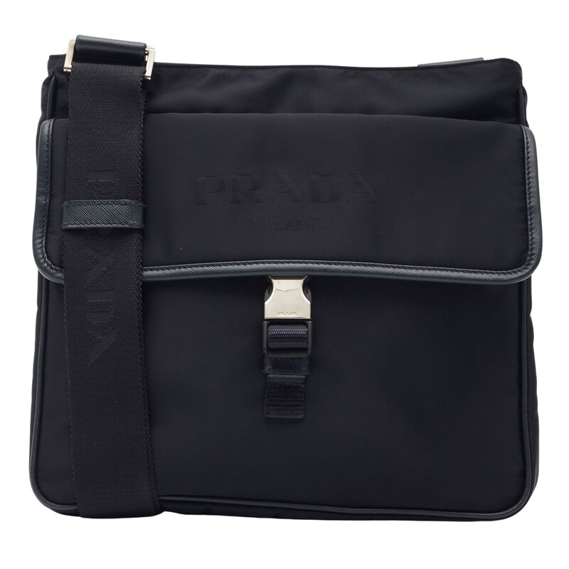 PRADA PRADA NAVY BLUE NYLON BUCKLE FLAP MESSENGER BAG