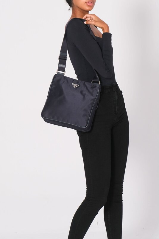 PRADA PRADA NAVY BLUE NYLON BUCKLE FLAP MESSENGER BAG