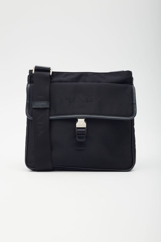 PRADA NAVY BLUE NYLON BUCKLE FLAP MESSENGER BAG