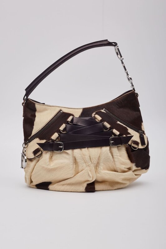 CHRISTIAN DIOR DIOR VINTAGE PONY HAIR & LEATHER BALLET CORSET SHOULDER BAG COW
