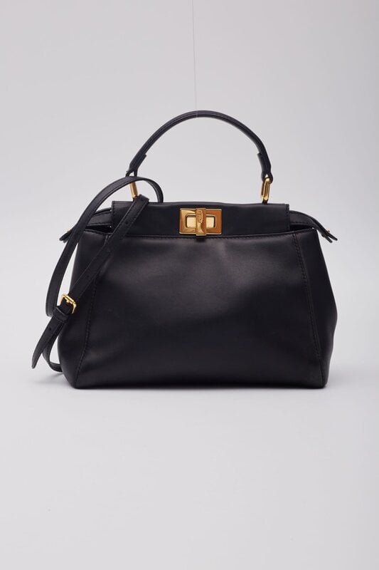 FENDI BLACK LEATHER PEEKABOO MINI TOP HANDLE BAG