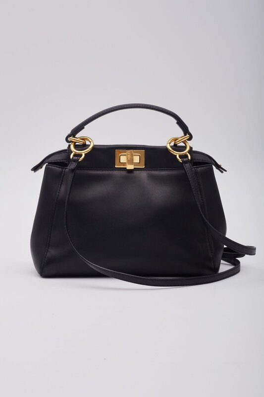 FENDI BLACK LEATHER PEEKABOO MINI TOP HANDLE BAG