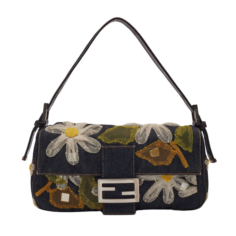 FENDI BLUE DENIM FLOWER APPLIQUE BAGUETTE BAG