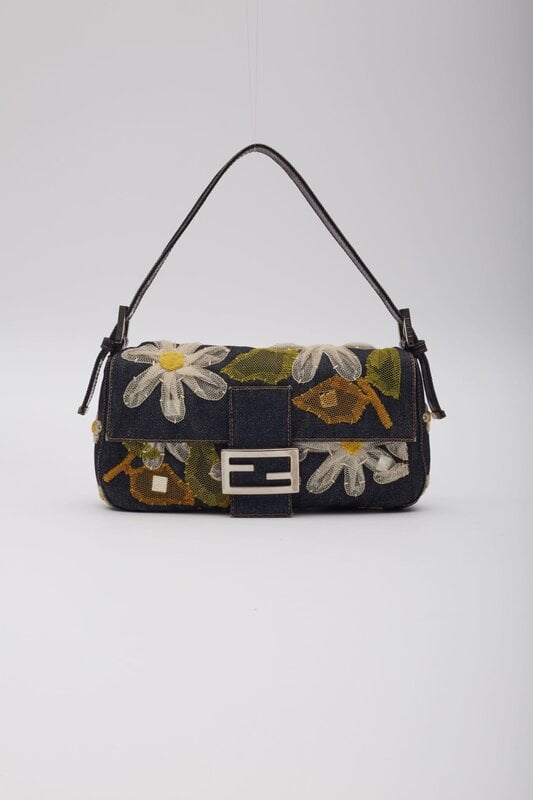 FENDI BLUE DENIM FLOWER APPLIQUE BAGUETTE BAG